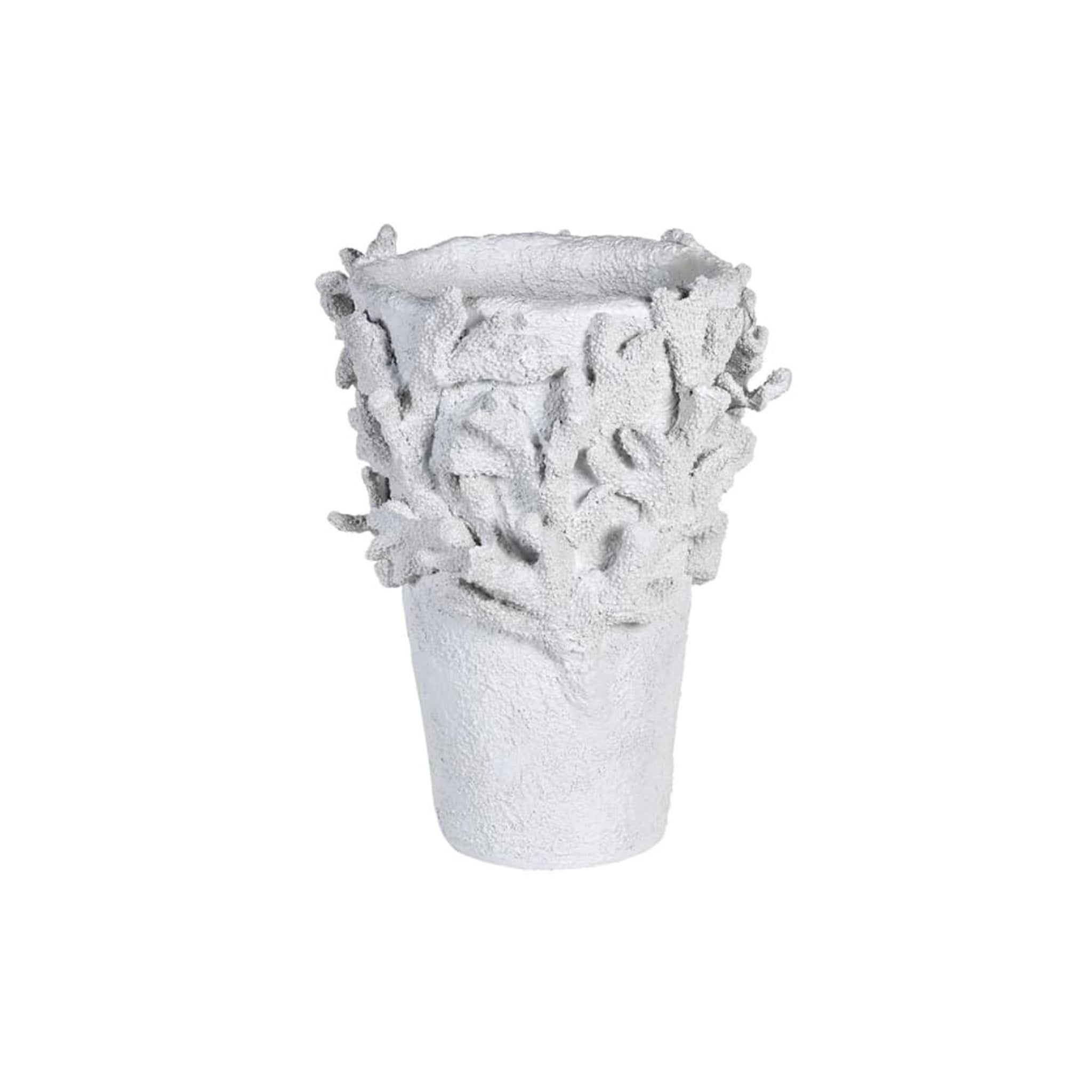 Large white textured vase with faux coral detail. For dry arrangements only. Dimensions: H:450 Dia:350 mm Delivery: 7-10 days Depending on stock availablity. We will communicate this via email.